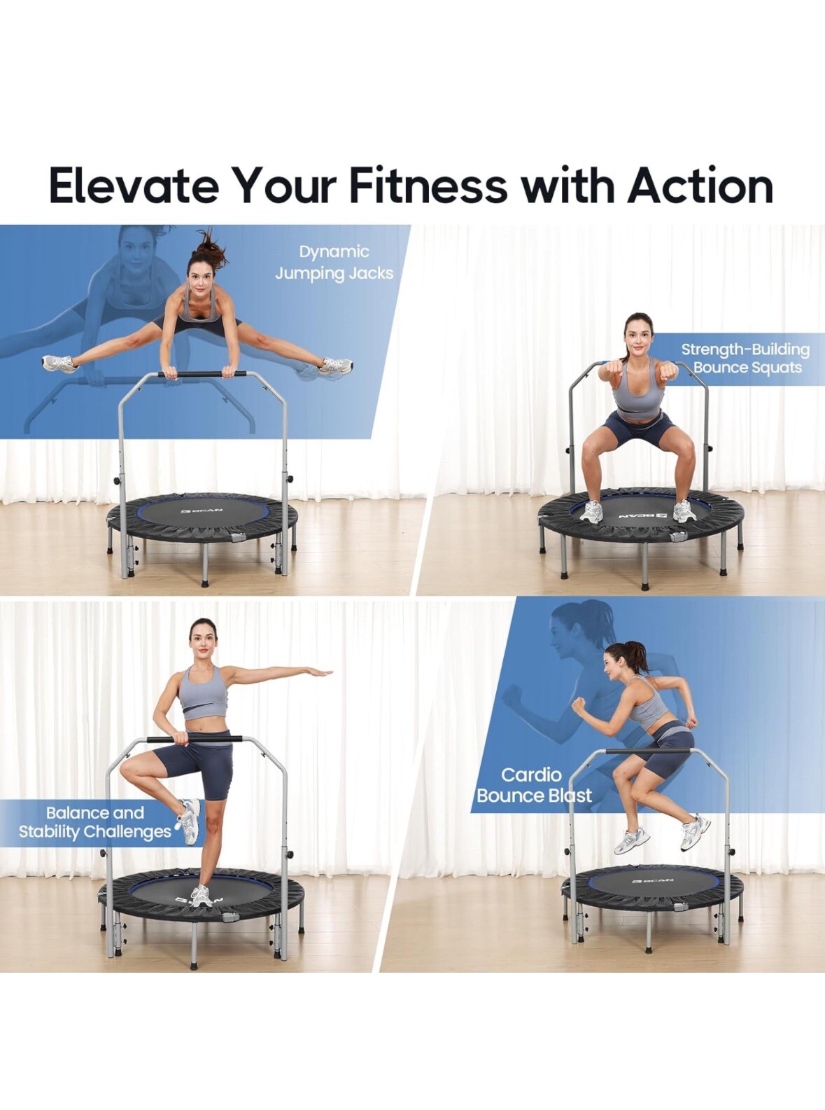 BCAN Trampoline for Fitness Rebounder & Adjustable Foam Handle - 330 Lbs