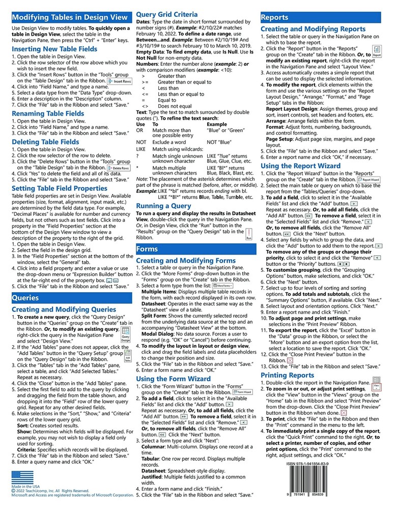 Access 2021 & 365 Training Guide Quick Reference Card Cheat Sheet Instructions