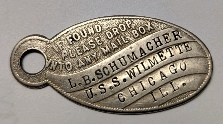 1920s 30s US Navy Personnel Tag - L.B. SCHUMACHER USS WILMETTE CHICAGO ILL L5