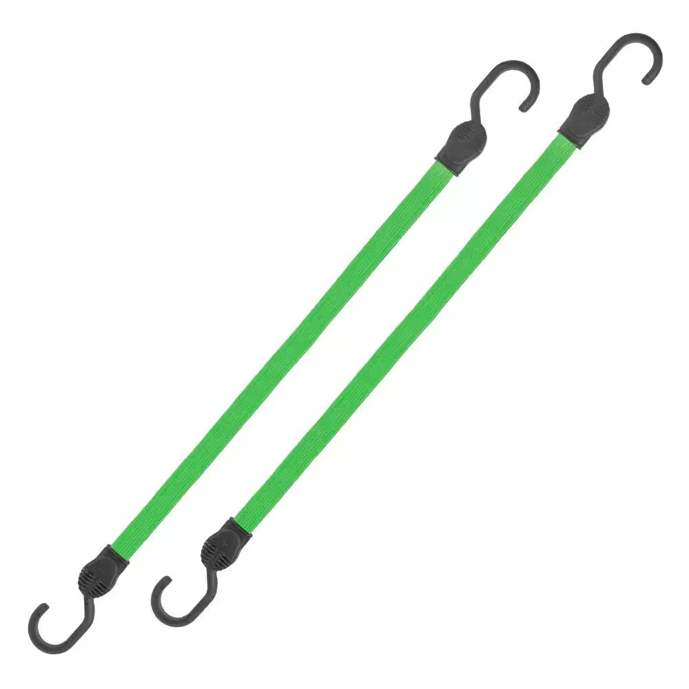 24 In. Green Flat Strap Bungee Cord with Hooks - 2 Pack