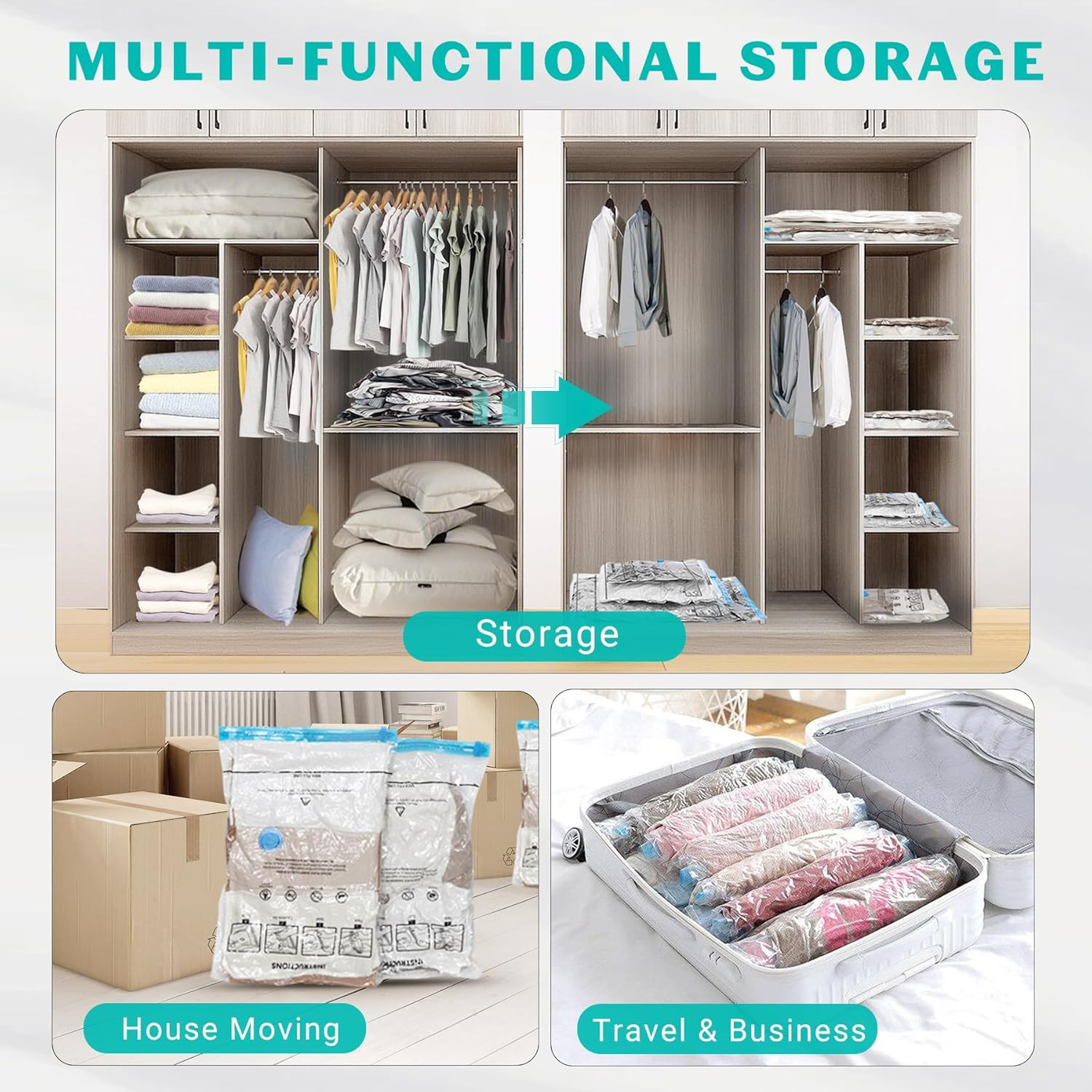 15 Pack Vacuum Seal Bags for Clothing &Travel, Space Saver Vacuum Storage Bags f