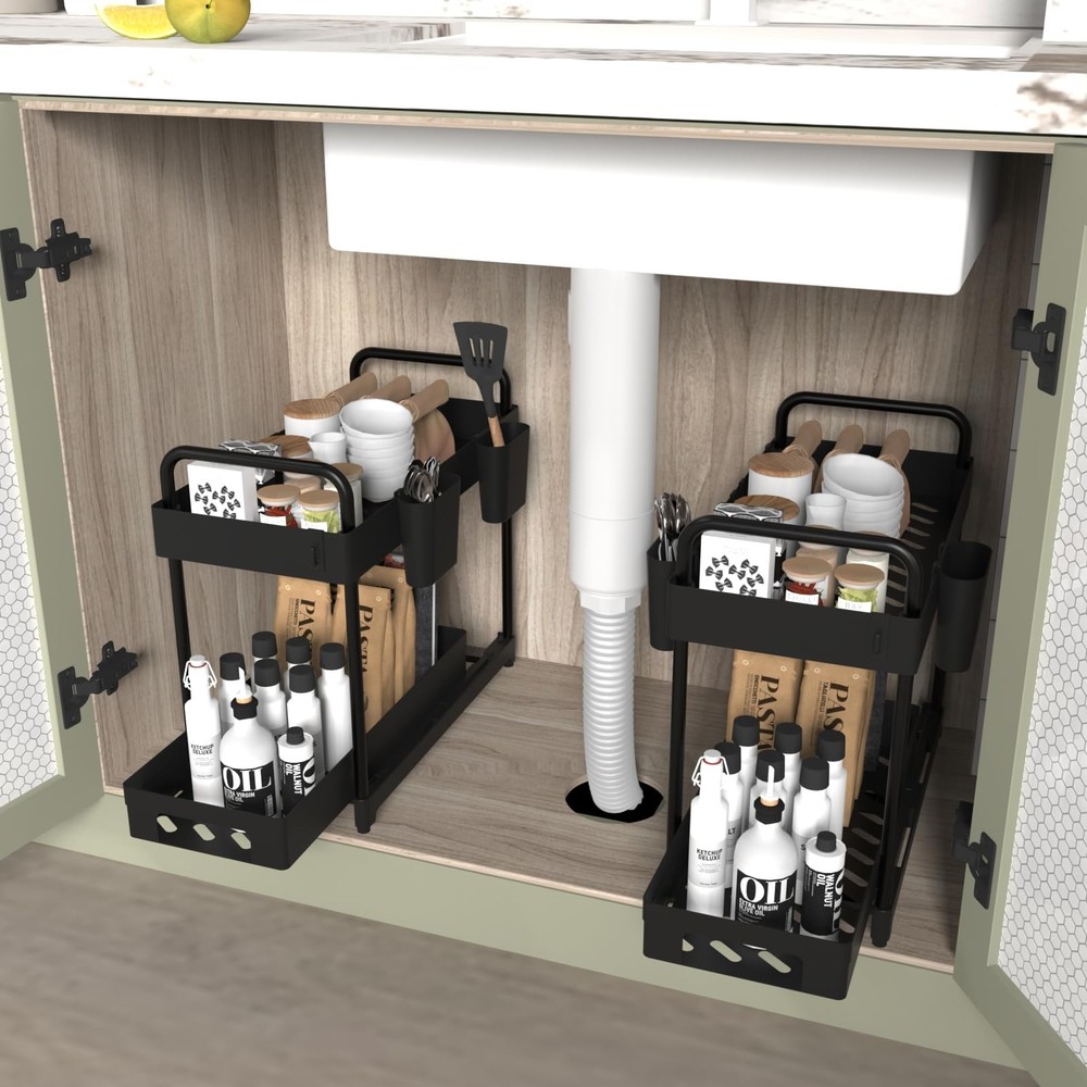 2 Pack Double-Layer Under Sink Organizer for Efficiently Utilizing Space, Hig...