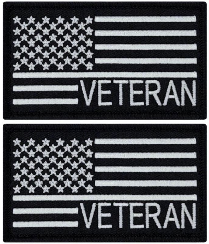 Veteran USA Flag Embroidered Patch | 2PC Bundle HOOK BACKING  3.5"x2"