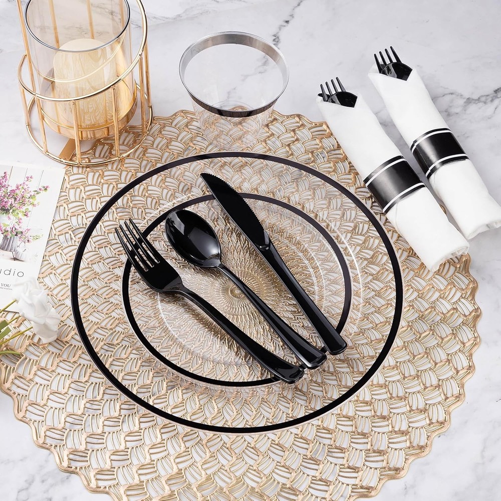 350 Piece Black Plastic Dinnerware Set for Party, Clear Disposable Plates