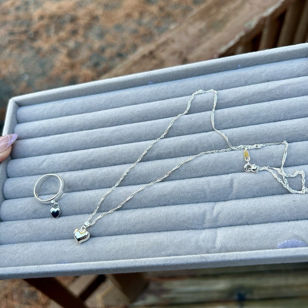 Dangle Heart Ring SIZE 6 & Matching Necklace 925 Solid Sterling Silver Gift Set