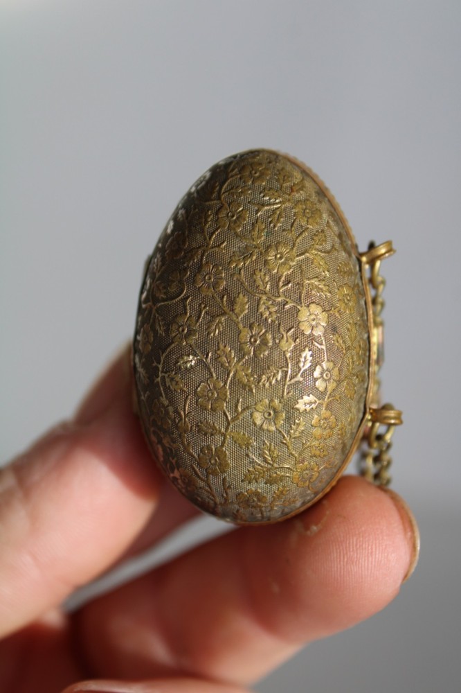 Antique 19th Century Painted Brass Egg Chatelaine Thimble Case w/ (2) Thimbles
