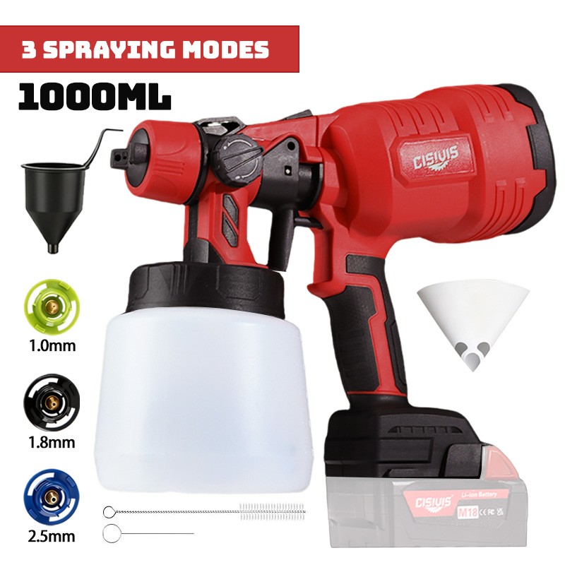 Cordless Paint Sprayer for Milwaukee 18V Battery 1000ML HVLP Spray Paint Gun Red