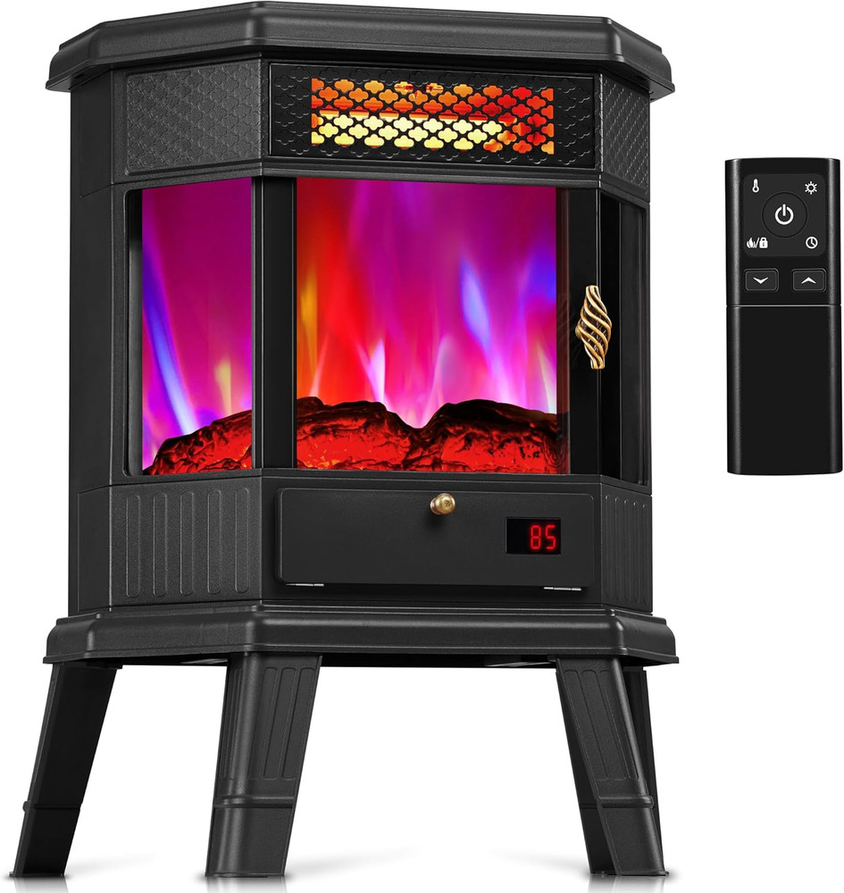 22" Electric Fireplace Heater with 3D Flame, Remote, Timer & Safety Features
