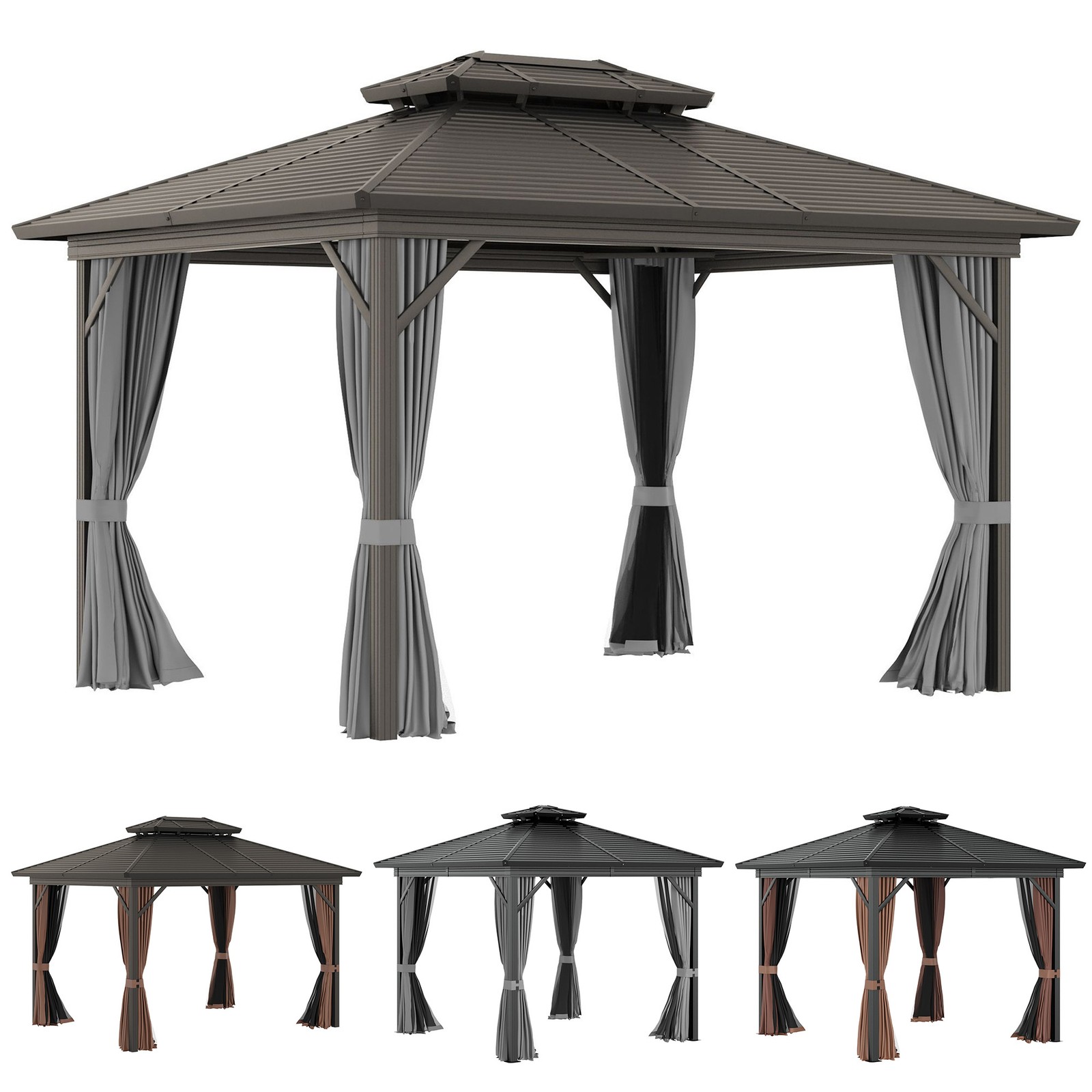 Outsunny Metal Roof Hardtop Gazebo w/ Curtains & Netting