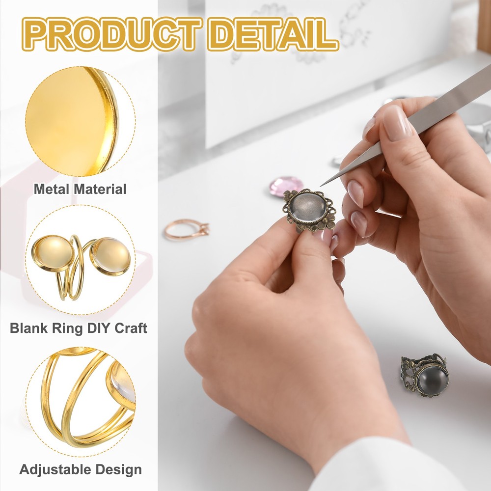 10Pcs Ring Base Blank, 12mm Ring Blank Base with 20Pcs Cabochon(Light Bronze)