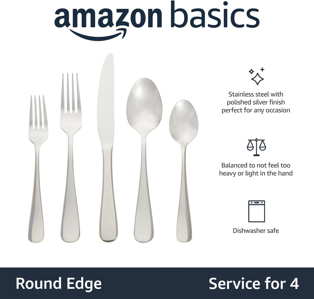 Amazon Basics Silverware Set, Stainless Steel Flatware, Dishwasher Safe, Service