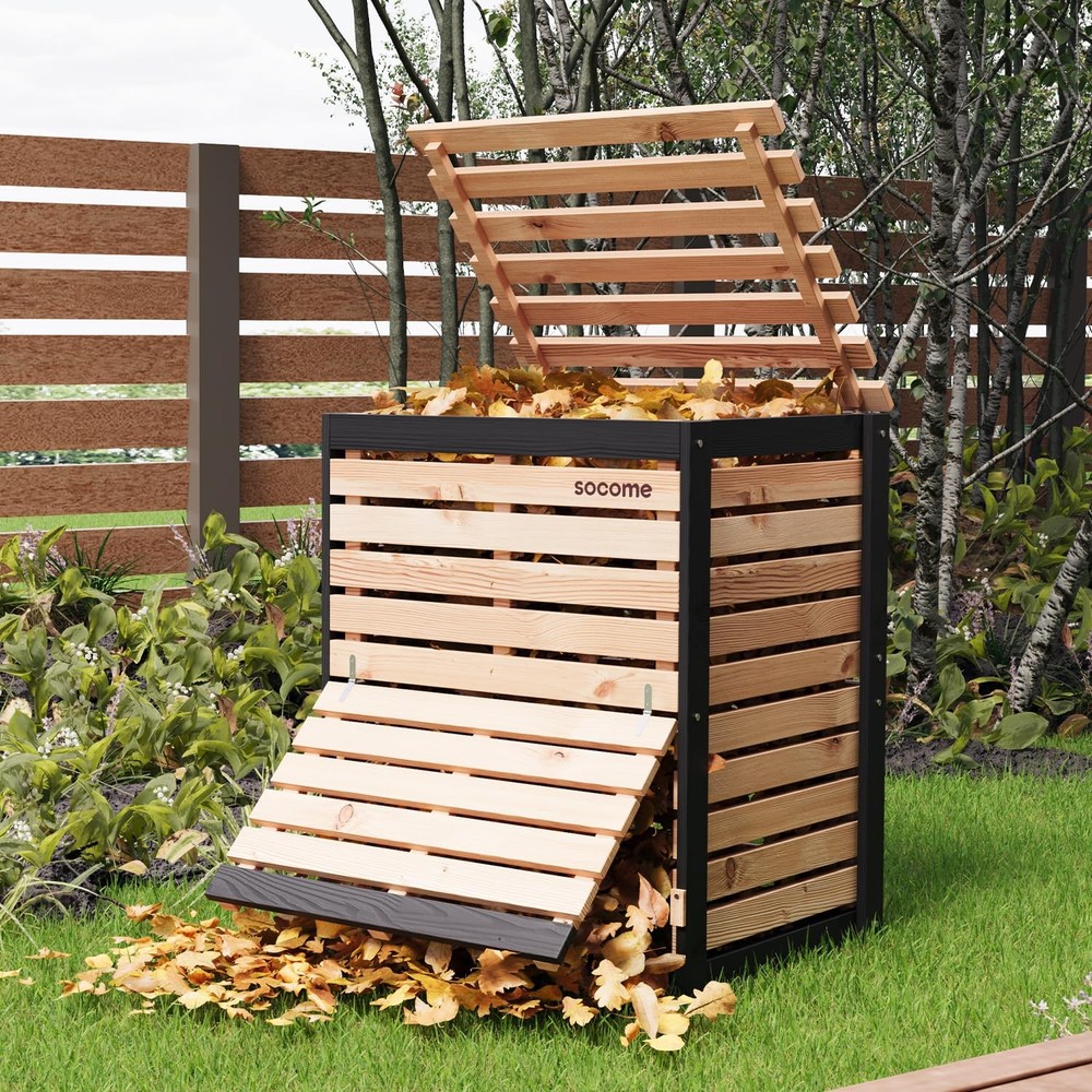 95 Gallon Solid Wood Composter, Outdoor Compost Bin with Pull-Out Door, Large...