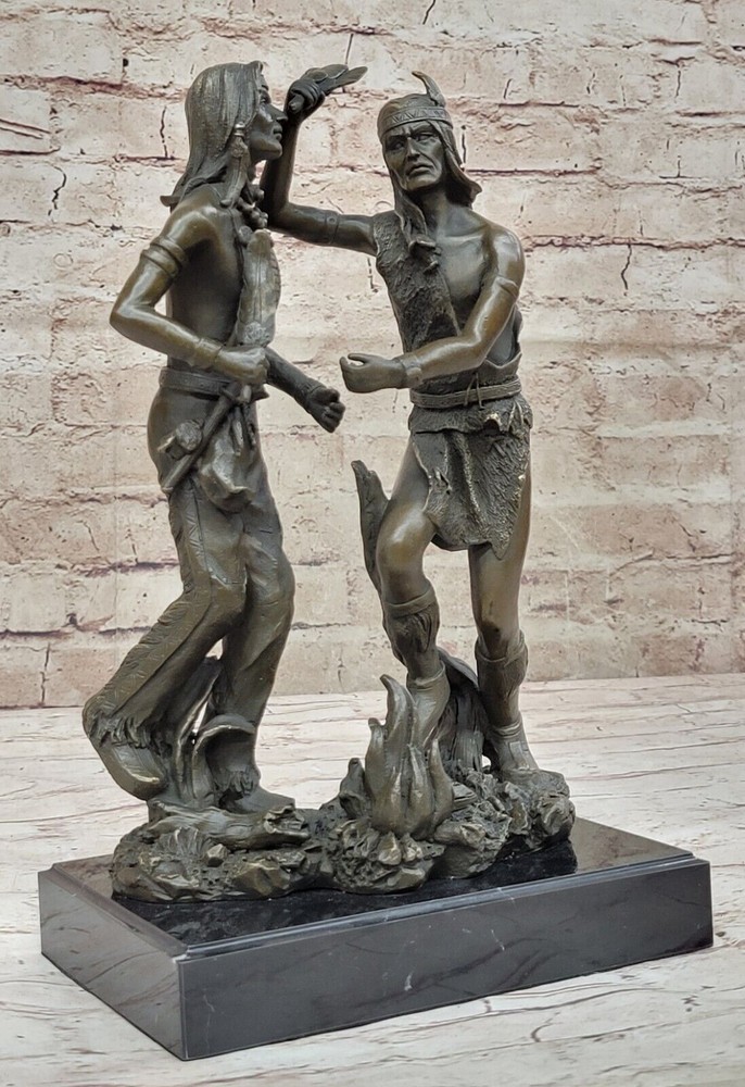 Handcrafted Two Indian Warrior Dancing Over the Fire Bronze Sculpture Artwork