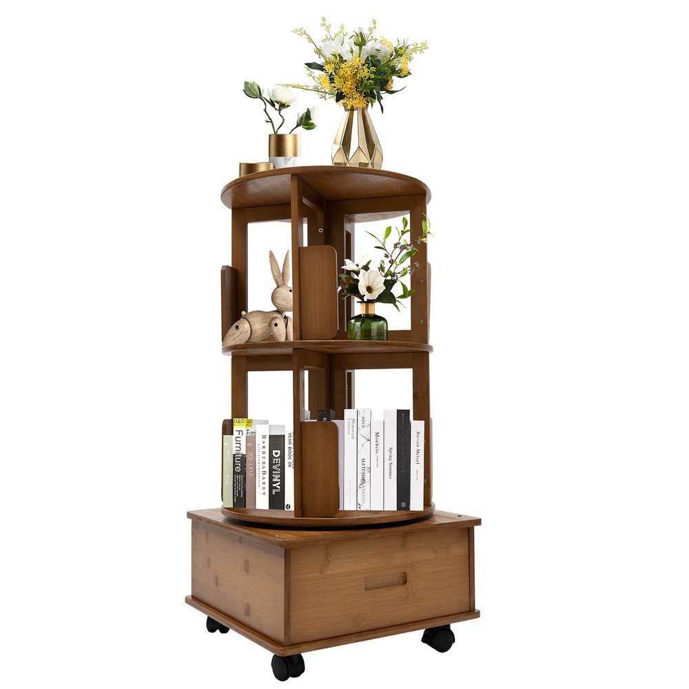 Multi Storage Table, Side Table with Rolling Wheels, Removable Swivel Bookcase