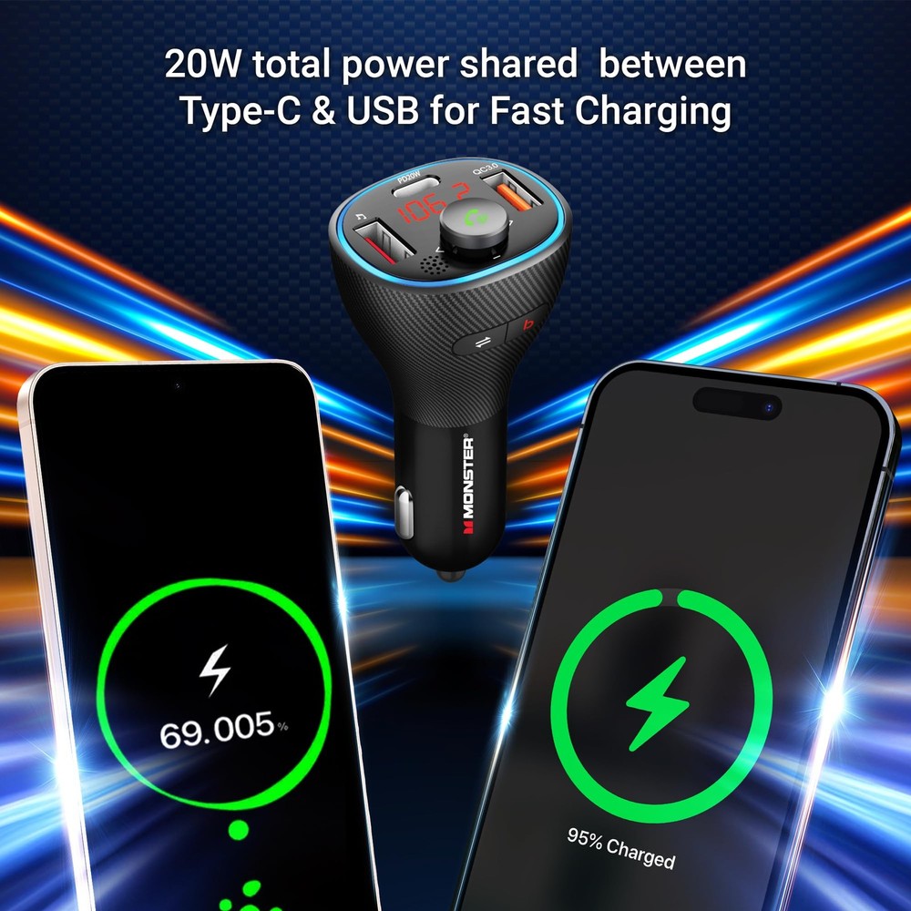Monster Bluetooth FM Transmitter for Car Cigarette Lighter with 20W QC3.0 USB...