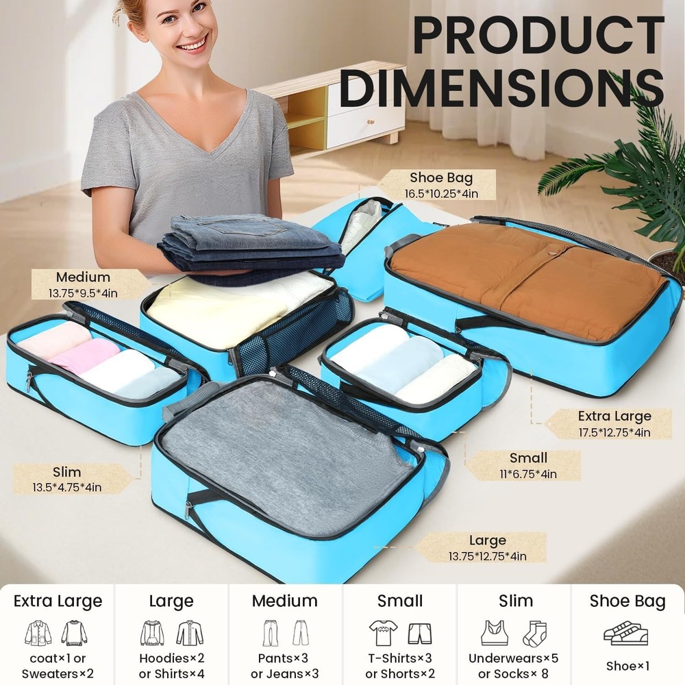 Organizational 6-Pack Compression Cubes - Lightweight Half Mesh Travel Solution