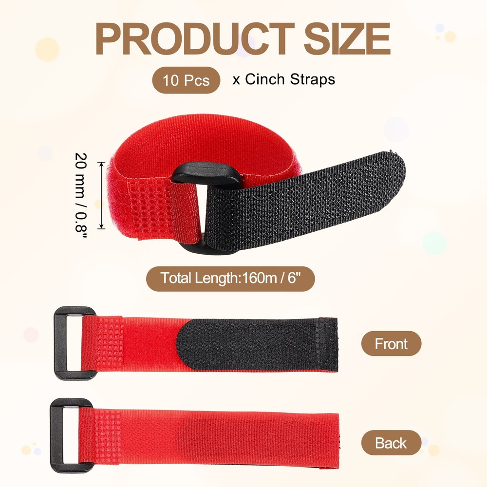 10pcs Reusable Cinch Straps 0.8"x6" Hook and Loop Cable Securing Straps, Red