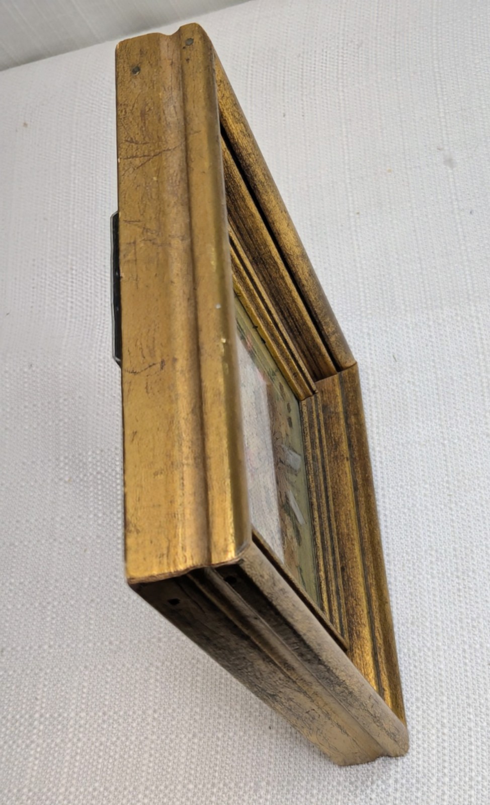 Vintage Dried Pressed Flowers Arranged With A Blue Ribbon In Gold Wood Frame