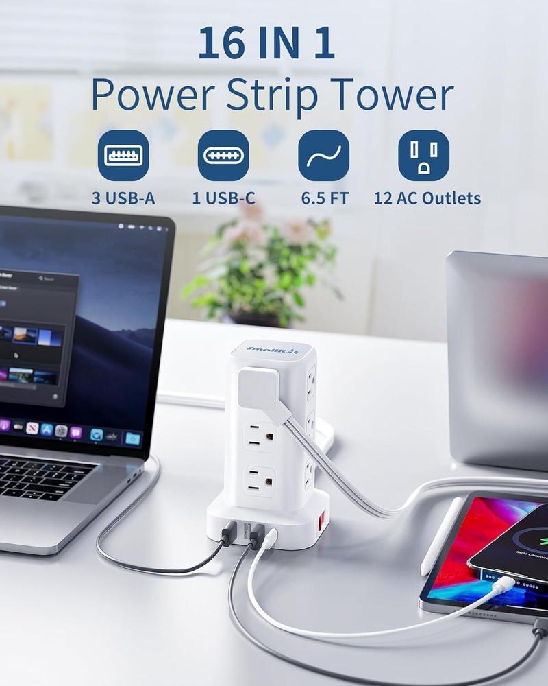 Extension Cord with Multiple Outlets, Flat Plug Surge Protector Power Strip Tow