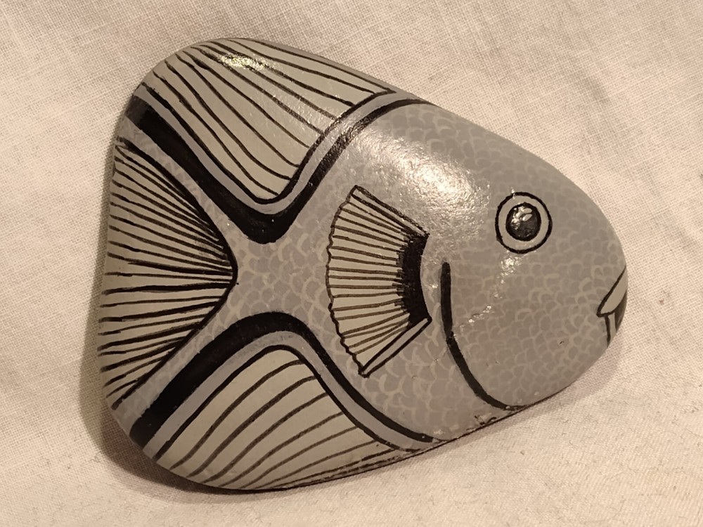 Hand Painted Stone Rock Gray Fish Signed