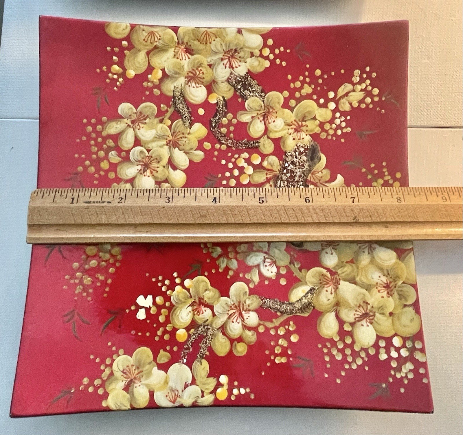 Japanese Lacquer Wall Plaques Cherry Blossoms Red Foil Set of 3