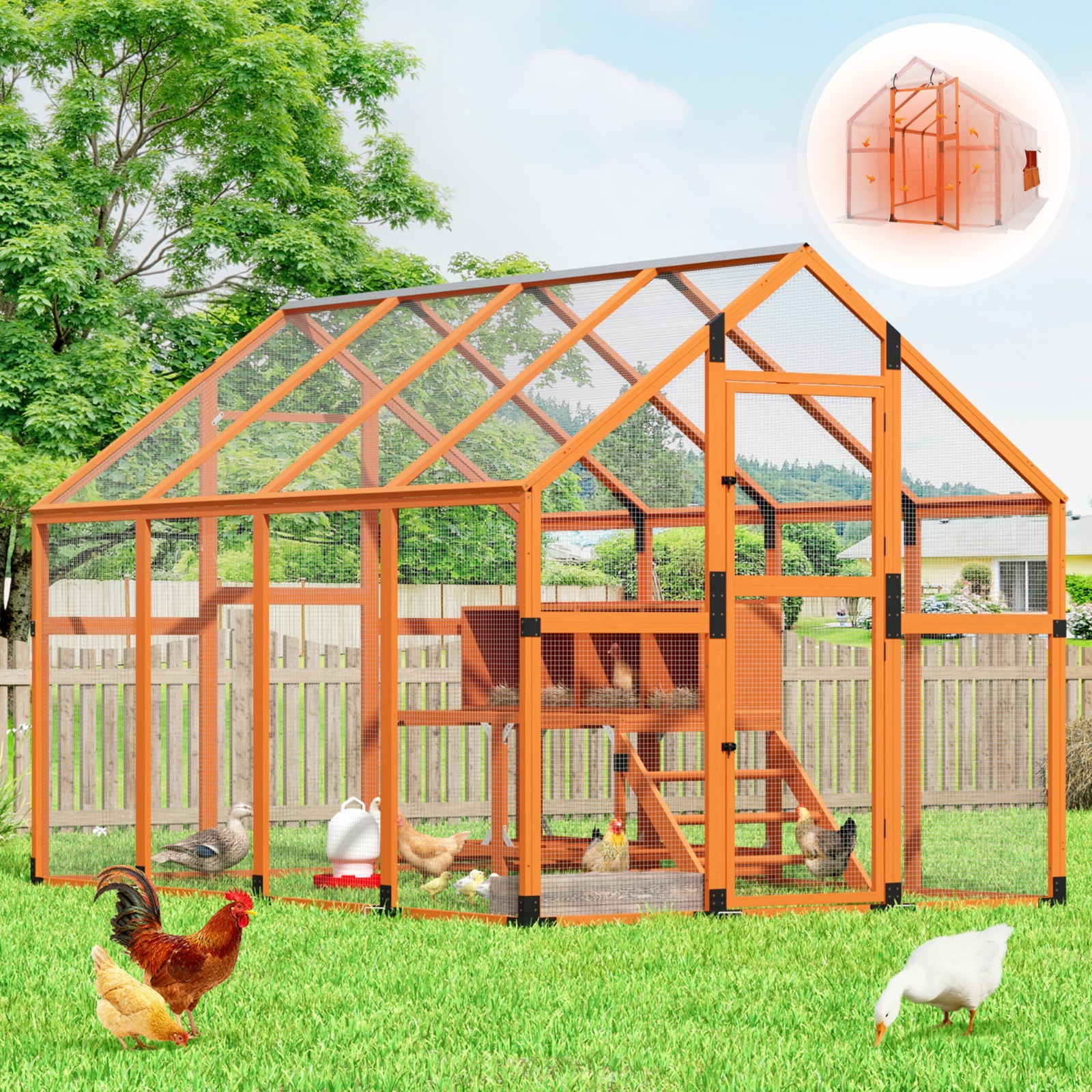Outdoor Wooden Super-large Chicken Coop Walk-in Chicken Runs for Yard with Cover