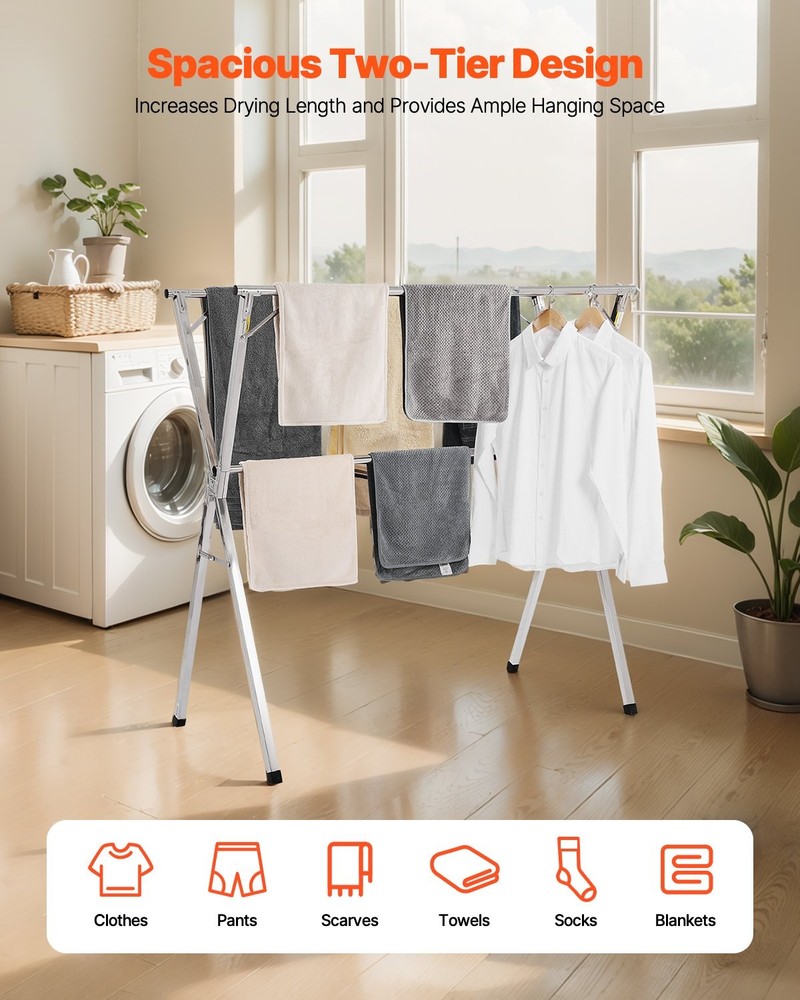 Clothes Drying Rack;2-Tier Telescopic Laundry Dryer Rack;Stainless Steel Drying
