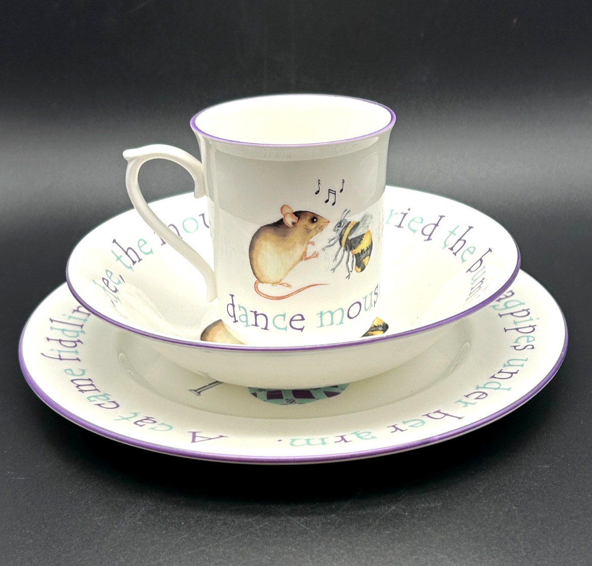 Hamilton & Inches Edinburgh 3-Pc Bone China Children's Dining Set ~ Bagpiper Cat