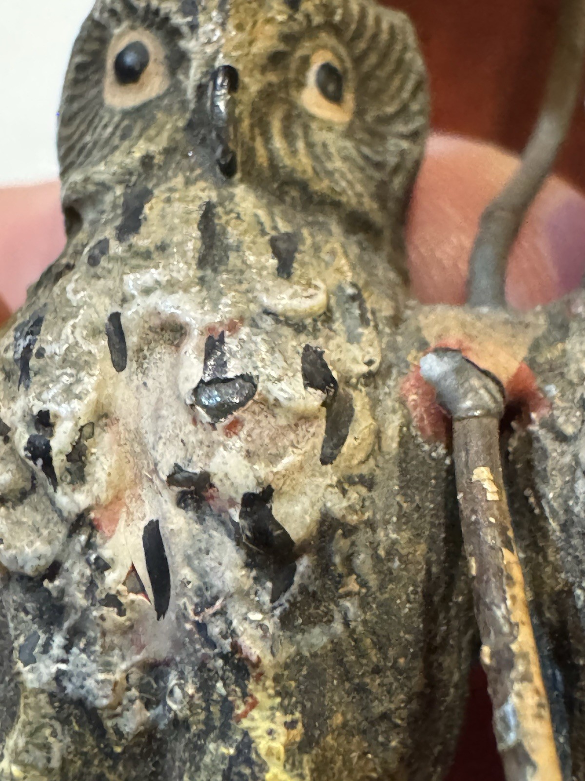 Antique Austrian Bronze Pair of Owls with Red Umbrella- Hand Painted 2in