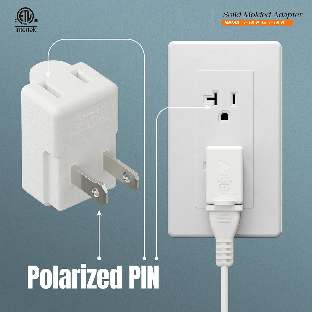 Polarized 2-Prong L Type Adapter, Vertical Right Angled down Angle AC Adapter, N