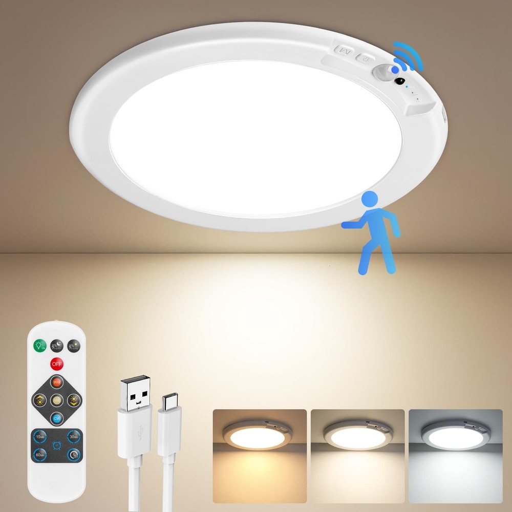 Rechargeable Motion Sensor Ceiling Light with 1 Pack-6000mAh, 3CCT-7“-White