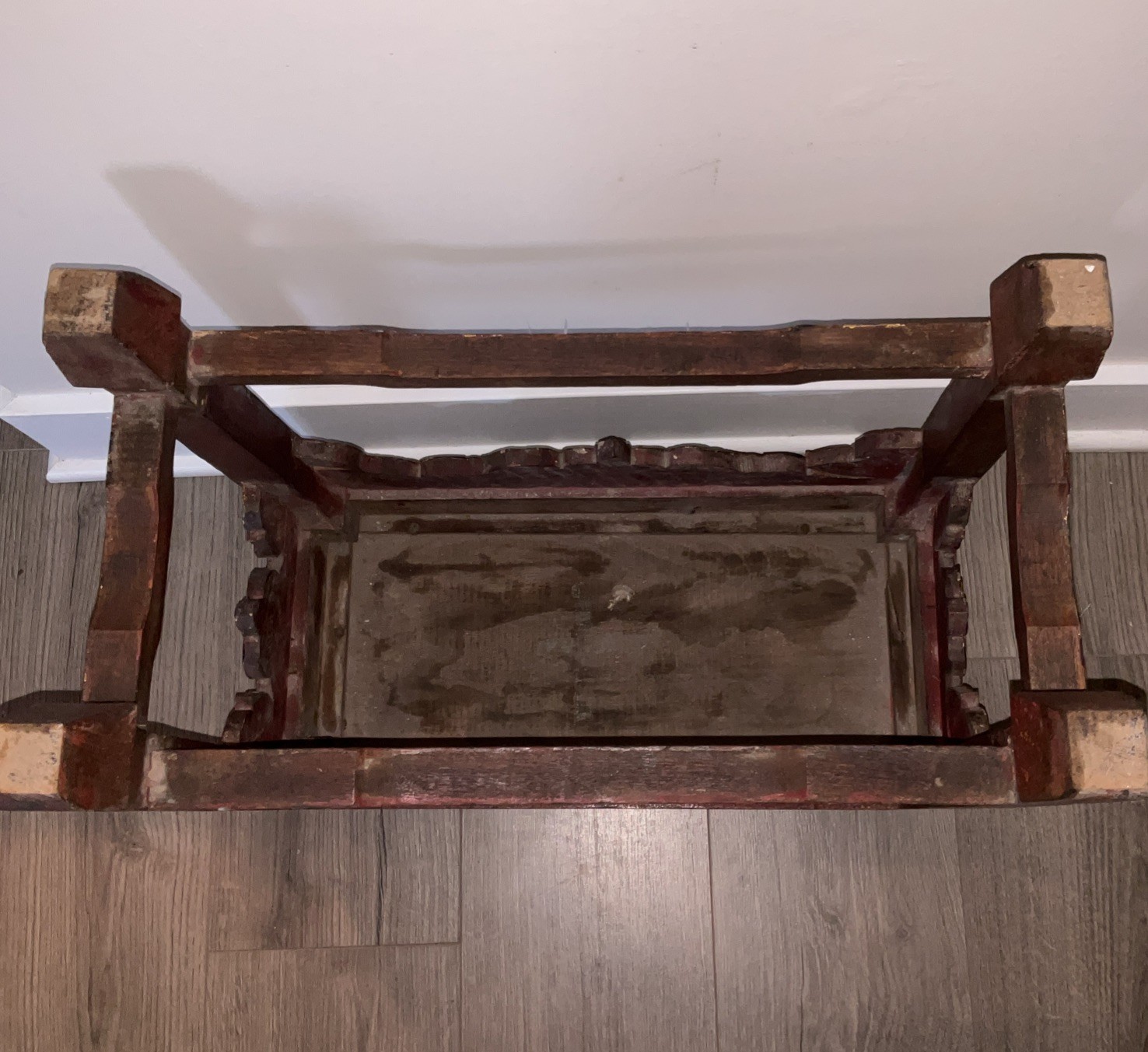 Hand Carved Asian Gilt Wood Altar Table Console – Ornate Gold Red Accent