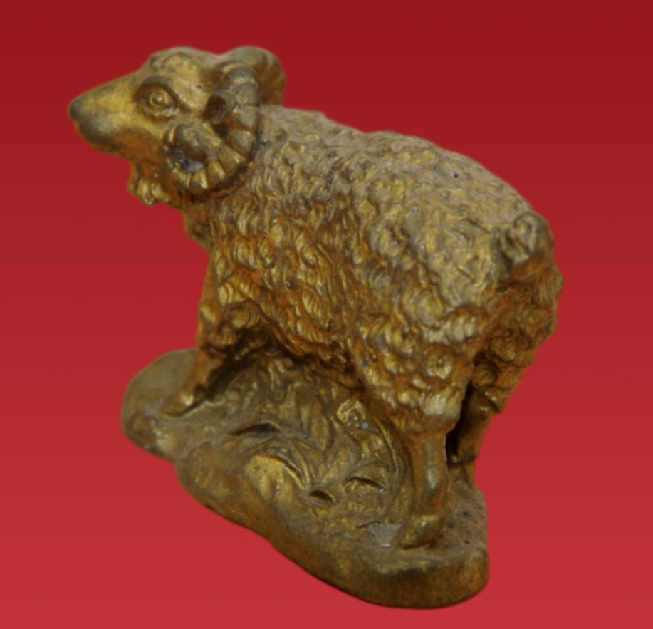 Vintage Chinese Gilt Brass Sheep - Detailed Wool Textured Goat Decor Art