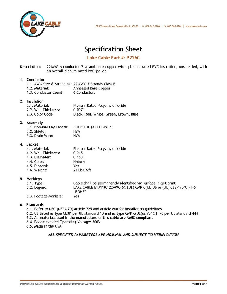 Lake Cable P226C 22/6C Plenum Control/Communications Cable CMP White /100ft