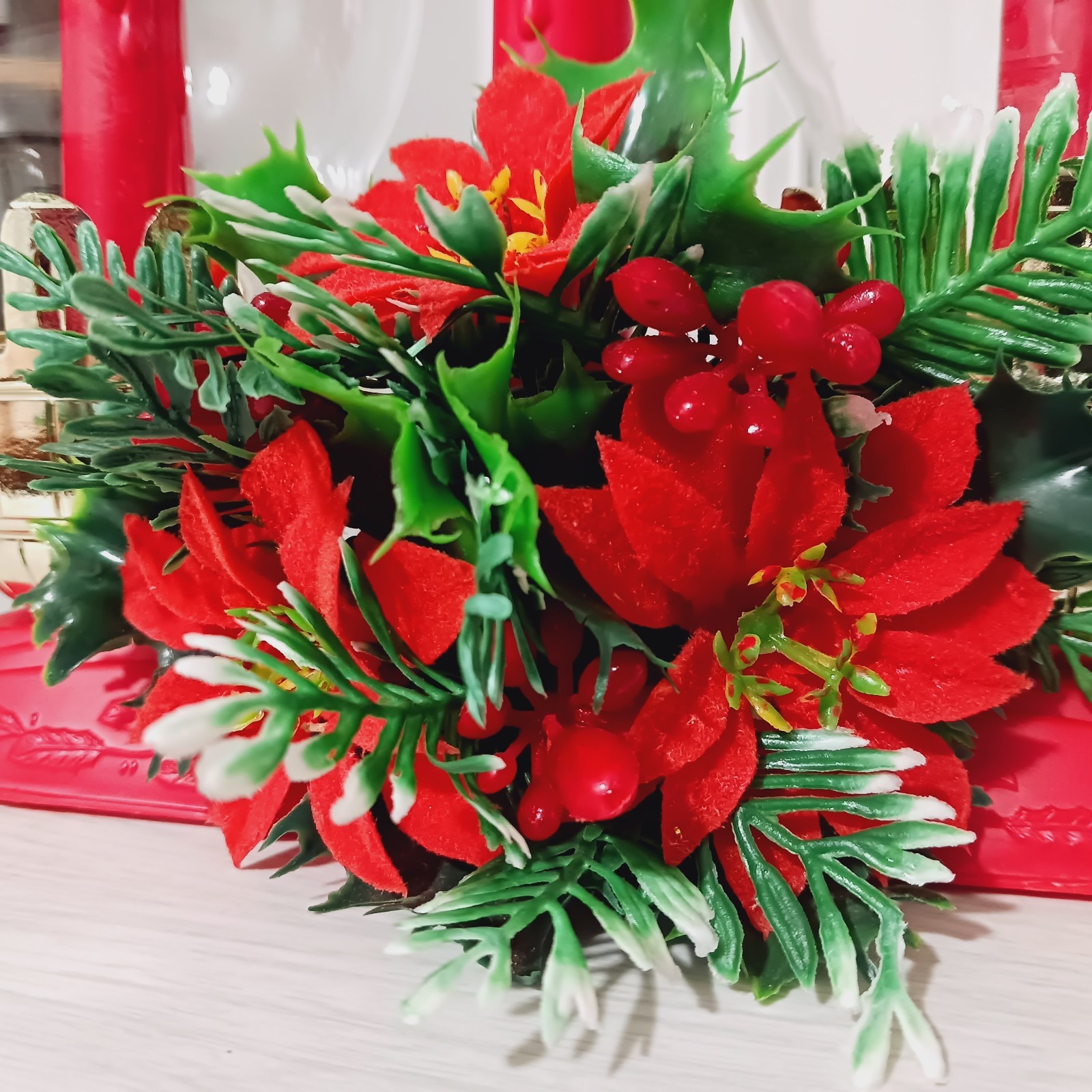 Vintage Christmas Flocked Poinsettia Hurricane Duel Chimney Electric Candle