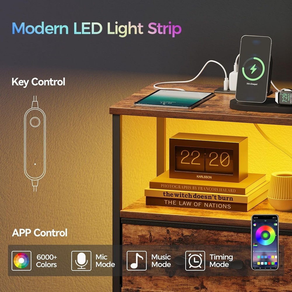 Night Stand Set 2, End Table with Charging Station, LED Bedside Table with Fa...