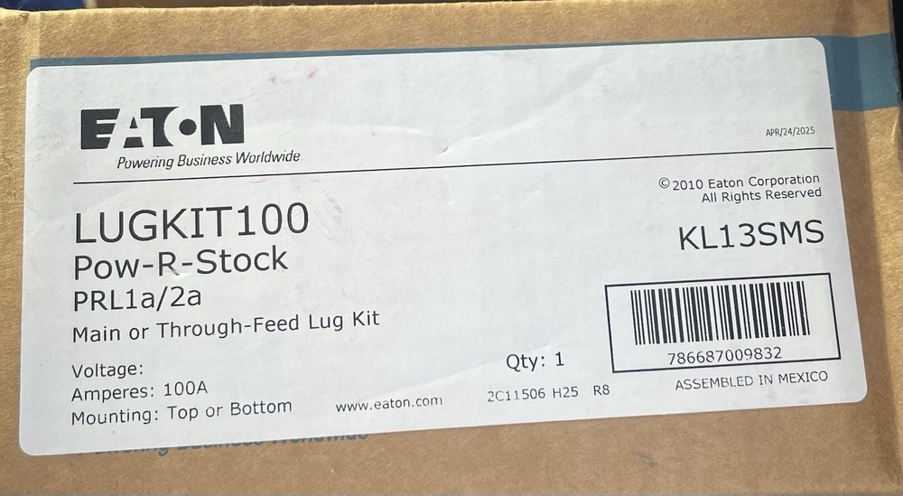 Eaton LUGKIT100 Main or Through-Feed Lug Kit 100A KL13SMS Rectangular Box