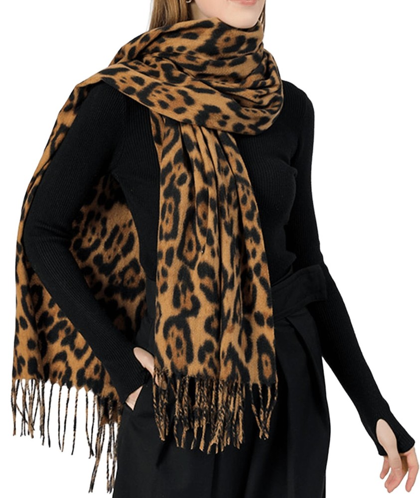 OVOY Women's Large Long Leopard-Print-Fringe One Size, Yellow-leopard Print