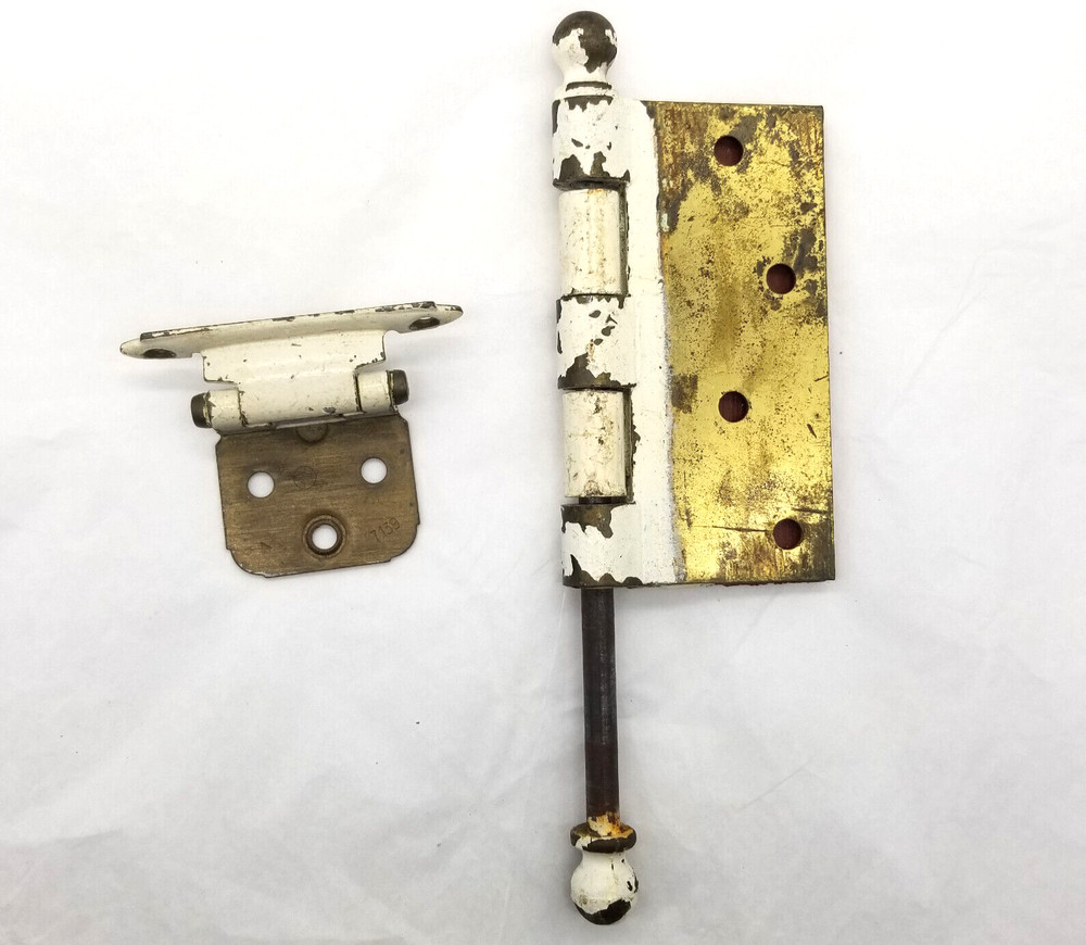 Vtg Brass Door Hardware Lot Hinges Pull Complete & Incomplete Painted Salvage