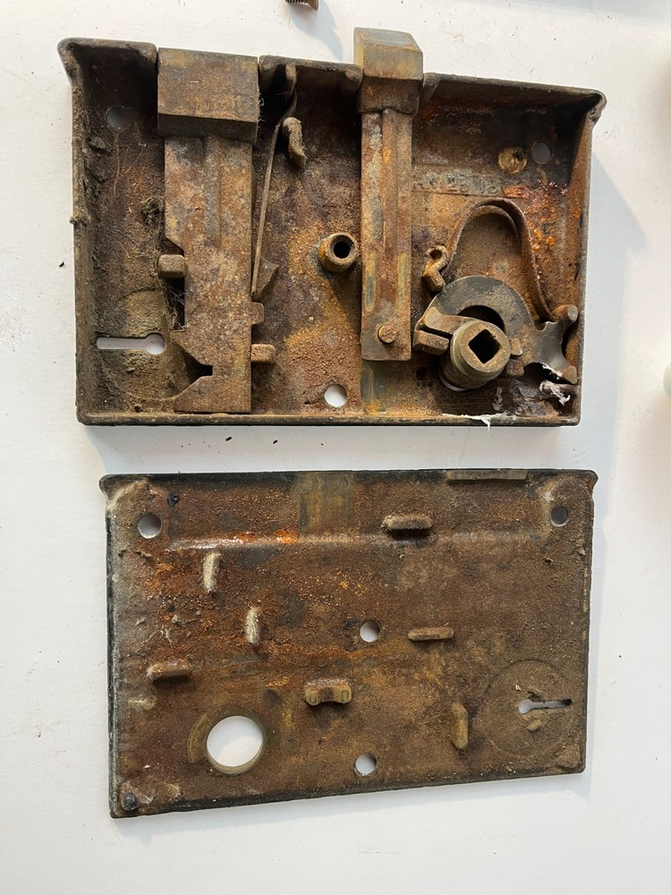 Vintage Mortise Lock Skeleton Key Catch Porcelain Knobs Spindle Escutcheon