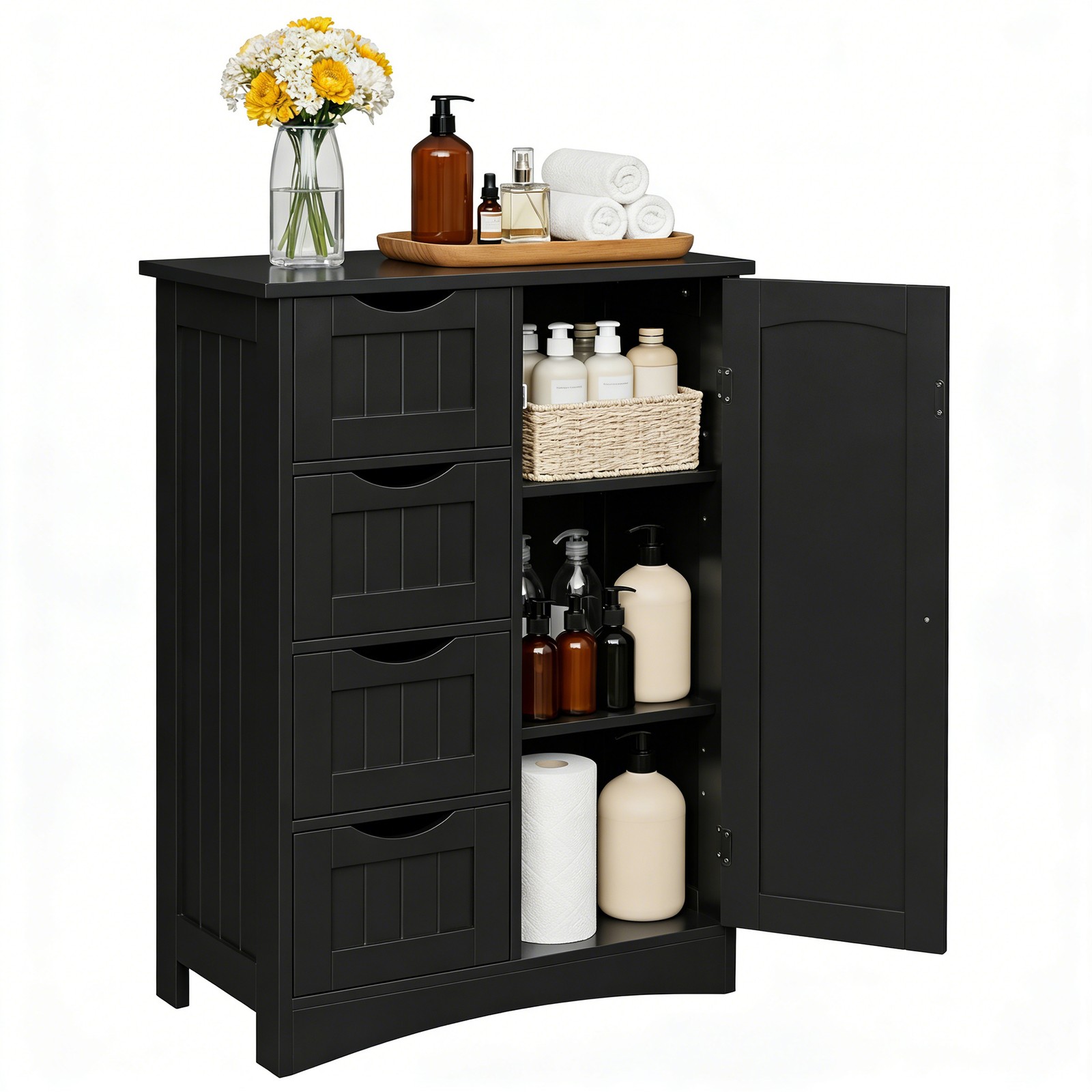 Bathroom Floor Storage Cabinet w/4 Drawers Adjustable Shelves Freestanding Black