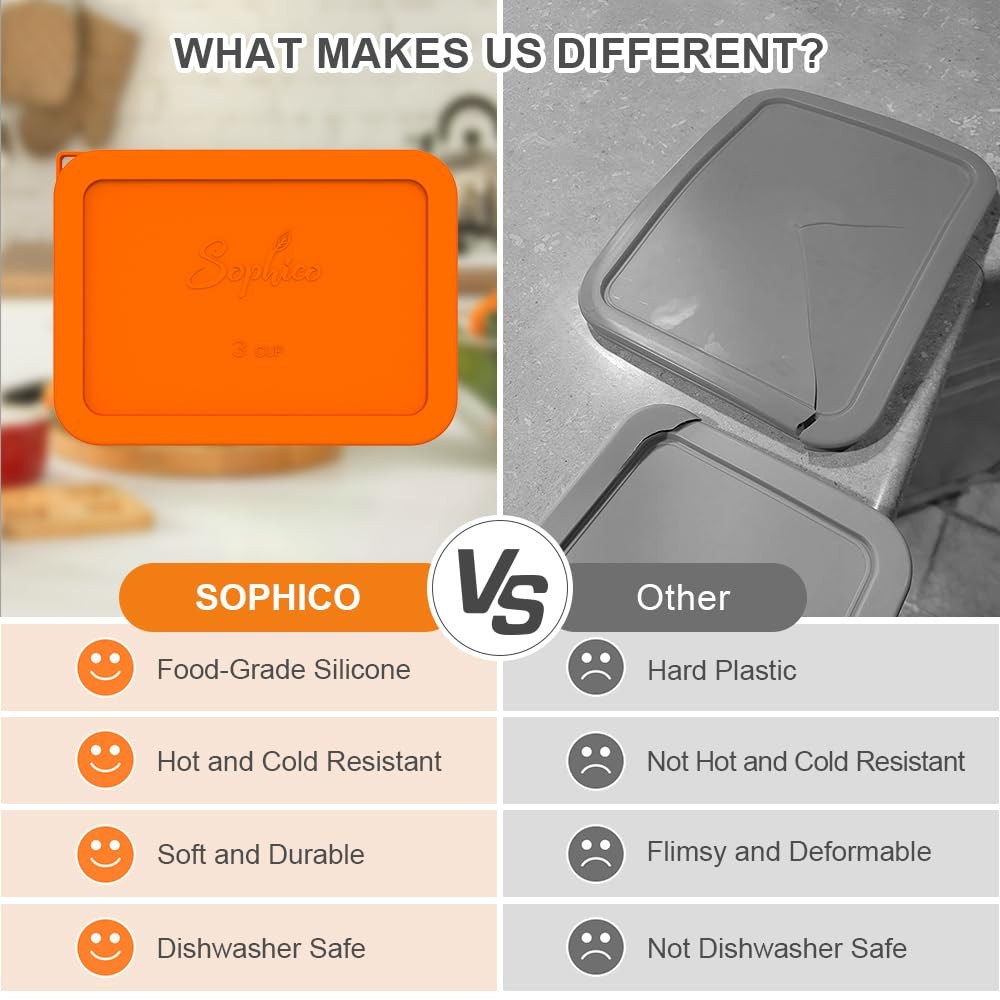 Sophico 3 Cup Rectangle Silicone Storage Cover Lids Replacement for Pyrex MIX