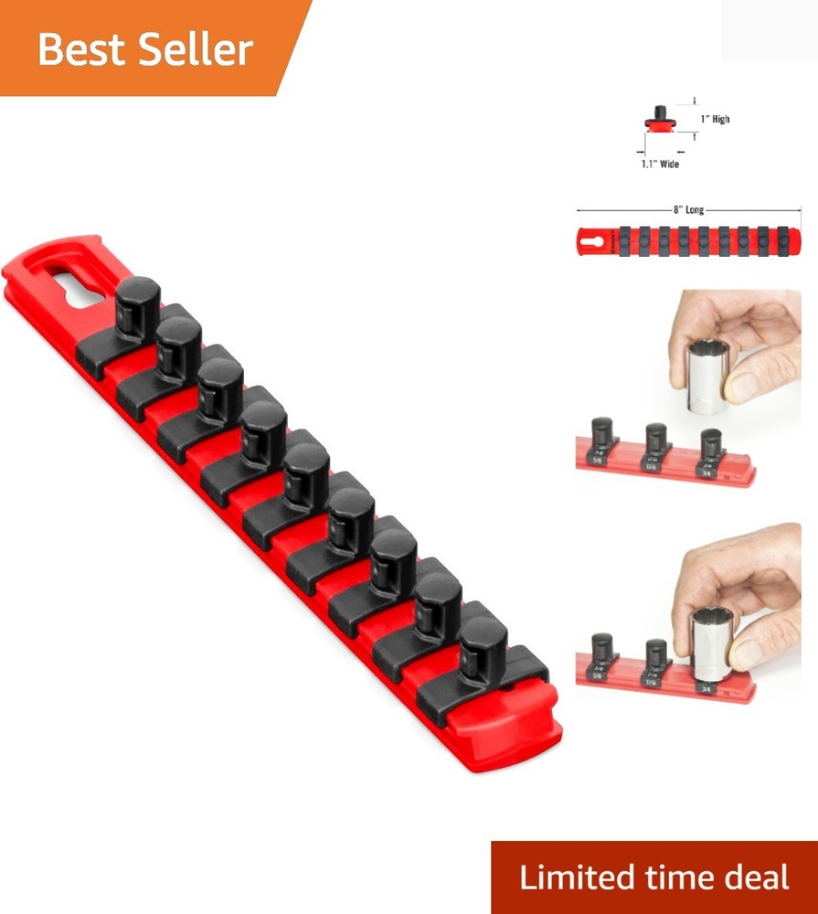 Ernst 8-Inch Socket Organizer with 9 Twist Lock Clips - Secure Tool Storage Red
