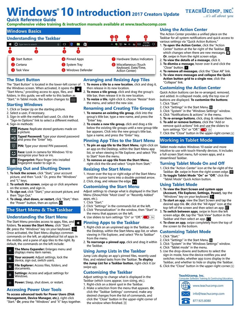 Windows 10 Training Guide Quick Reference Card 4 Page Cheat Sheet Instructions