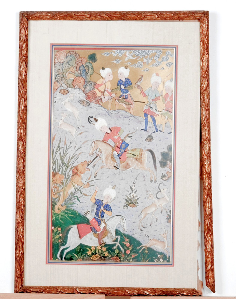 Antique Persian "The Hunt" Partially Separated Framed & Matted Offset Lithograph