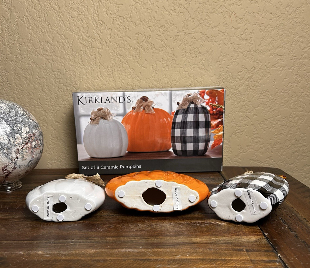 Kirkland’s Ceramic Pumpkin Set – Fall Decor – White, Orange, Plaid – Burlap Bows