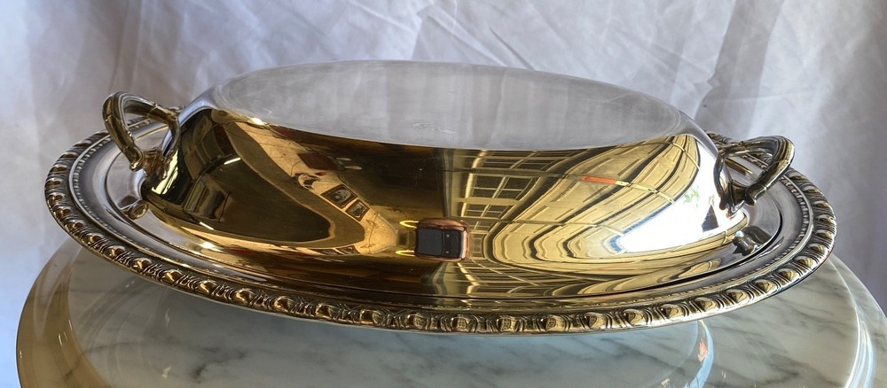 Oval Silverplate Covered Serving Dish Handles Beaded Edge