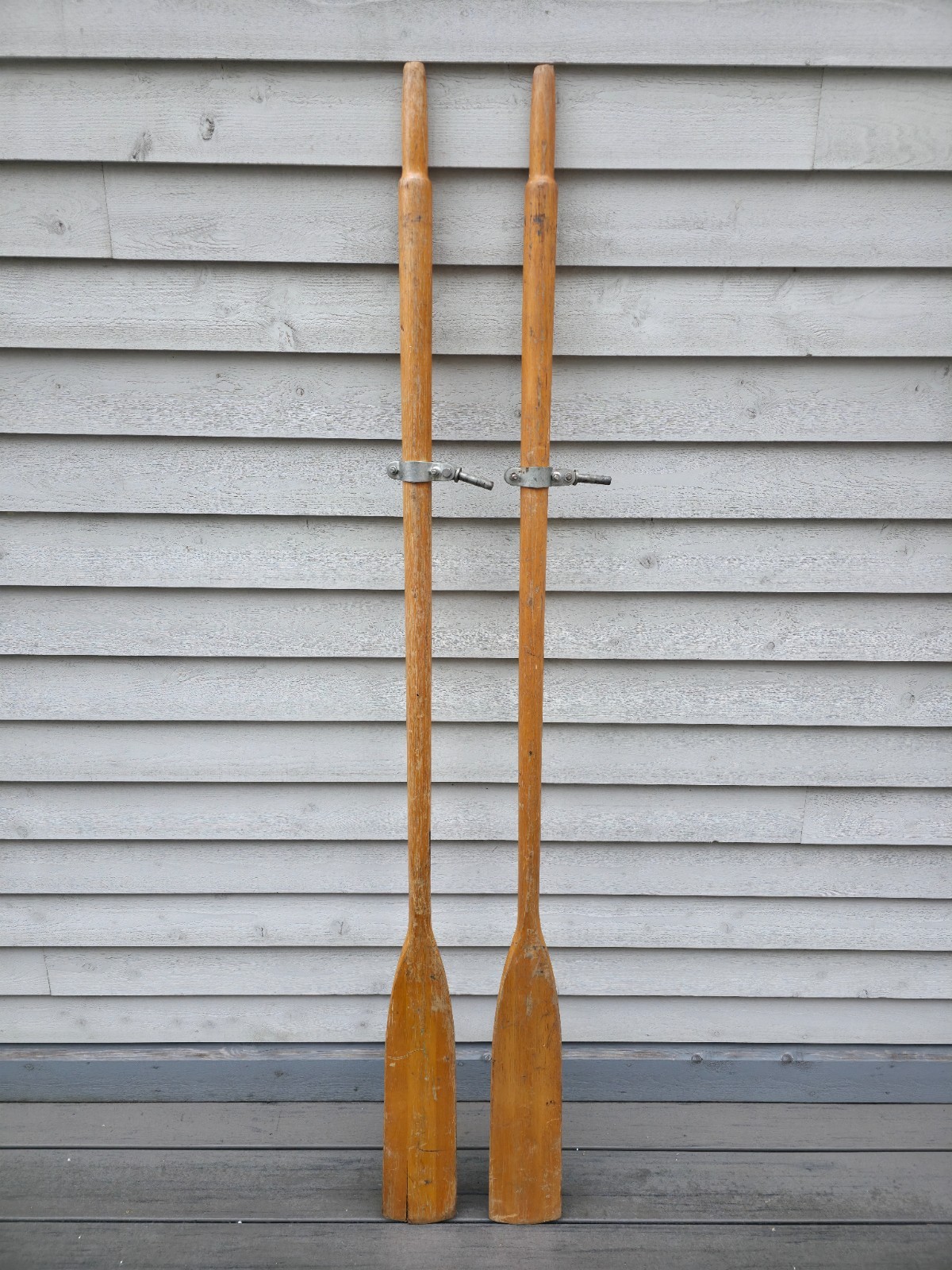 VINTAGE Old Wooden Paddles Oars with OARLOCKS Feather Brand Measures 72"