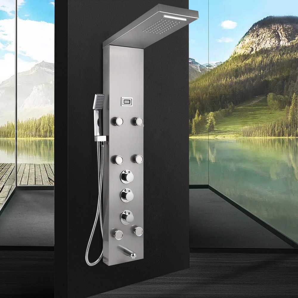 Bathroom Shower Panel Column Rainfall 6 Massage Jets Display Mixer Valve Tap Set