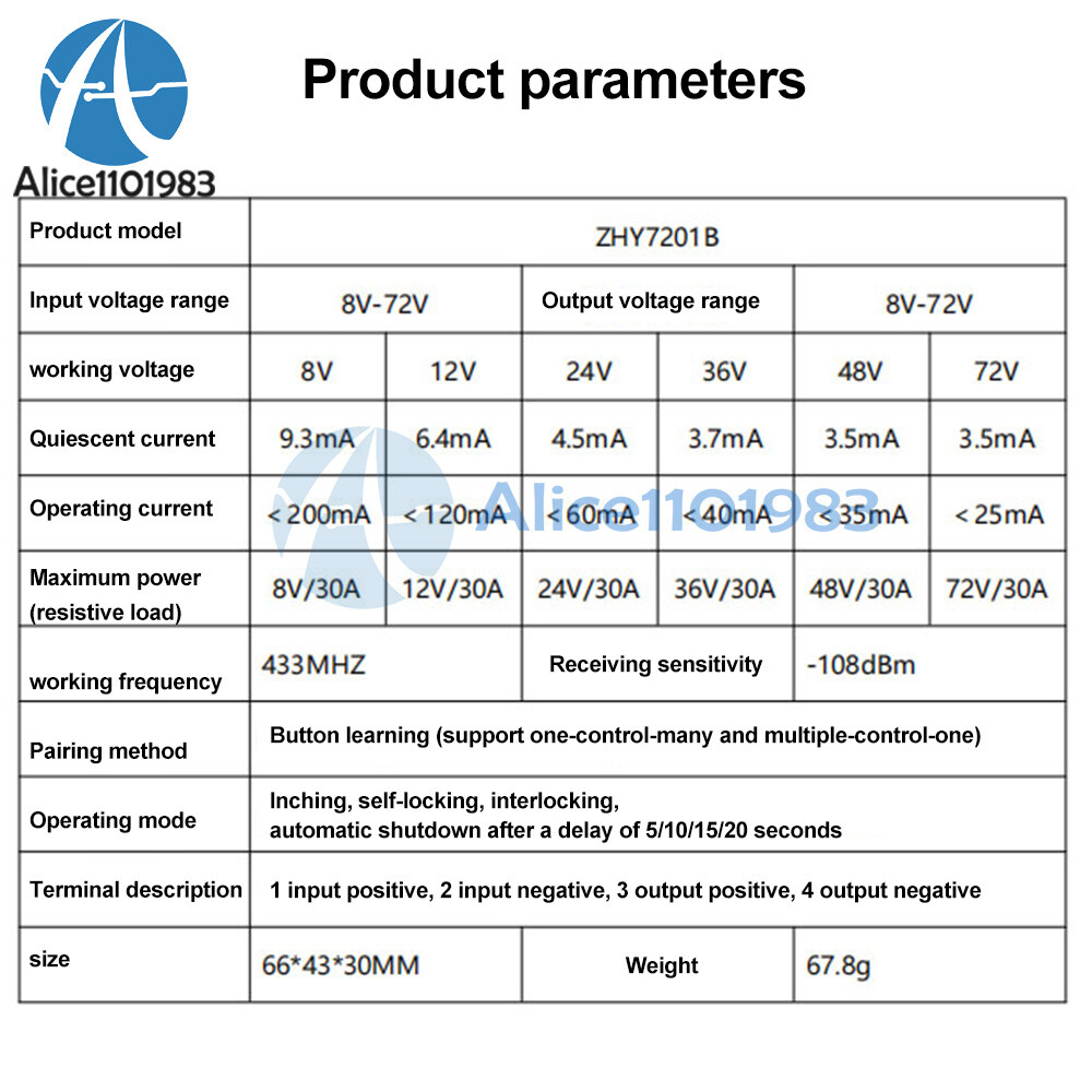 DC 8-72V 433mhz Wireless Remote Control Switch 30A Relay Control Power Switch